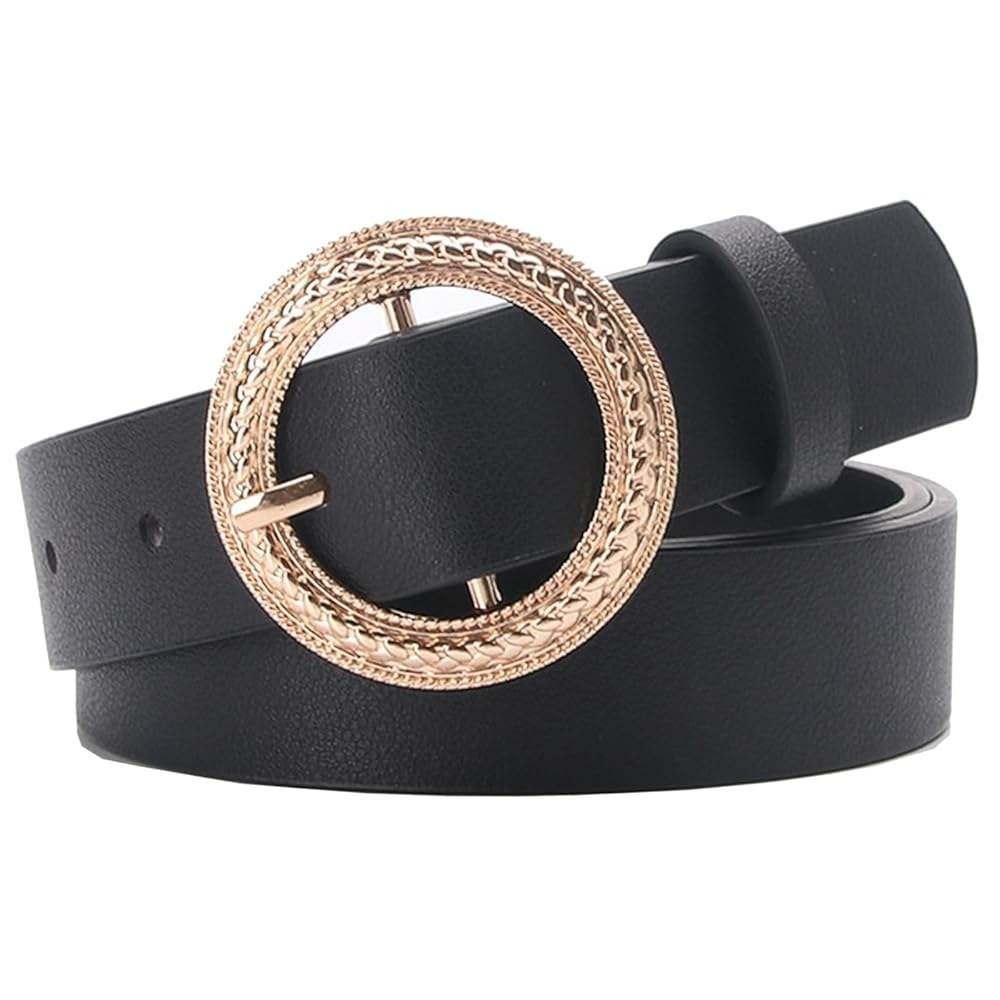 Commense Women's Black Belt Gold Circle‎ Buckle Fashion Dress Casual Waist Belt
